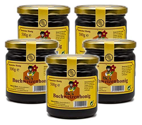 ImkereiBeck® Echter Deutscher Imkerhonig - Dunkler, fast schwarzer, kräftig würziger Buchweizenhonig / 5 x 500g Honig vom Imker aus Bayern von Imkerei Beck