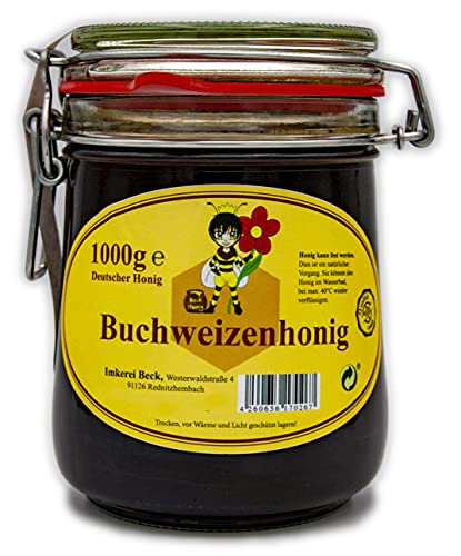 ImkereiBeck® - Echter Imkerhonig/Bienenhonig im 1kg /1000g Honigtopf - Honig vom Imker aus Deutschland/Bayern im wiederverwendbarem hochwertigem Bügelglas (Buchweizenhonig) von Imkerei Beck