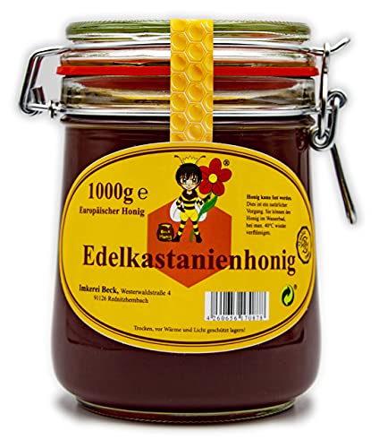 ImkereiBeck® - Echter Imkerhonig im 1kg /1000g Honigtopf - Honig vom Imker im wiederverwendbarem hochwertigem Bügelglas (Edel-Kastanienhonig/Maronenhonig) von Imkerei Beck