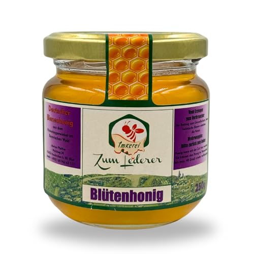 Imkerei zum Lederer - Deutscher Blütenhonig – 250g flüssiger Honig aus dem Bayerischen Wald - Naturbelassener süßer Aufstrich direkt vom Imker - Premium handgemachter Blütenhonig ohne Zusätze von Imkerei "Zum Lederer"