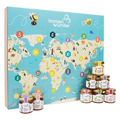 Immenwunder Geschenk-Set Honig – 24 Honige aus aller Welt – mit erlesenen, naturbelassenen – Honigkalender als zu Ostern, Geburtstag, Muttertag oder Frauentag – 24x50g von Immenwunder