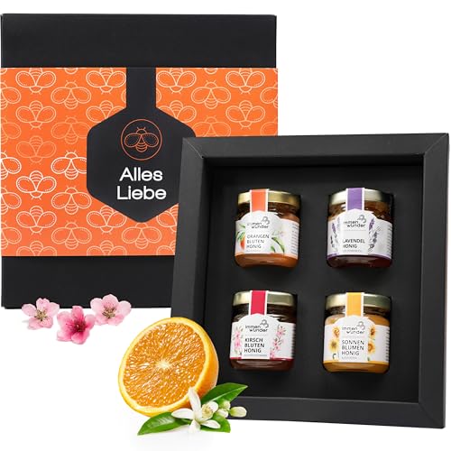 Immenwunder Honig Geschenk Set "Alles Liebe", hochwertige Geschenk-Verpackung, 4x50g Honige Lavendelhonig, Orangenblütenhonig, Kirschblütenhonig & Sonnenblumenhonig, ideale Geschenkidee von Immenwunder