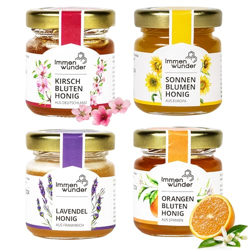 Immenwunder Honig Probierset Set Alles Liebe, 4x50g Honige Lavendelhonig, Orangenblütenhonig, Kirschblütenhonig & Sonnenblumenhonig, ideale kleinigkeiten für frauen Geschenkidee von Immenwunder