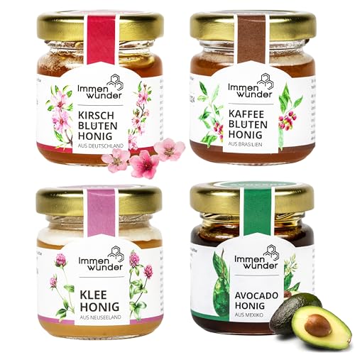 Immenwunder Honig Probierset Set Morgengruss, 4x50g Honige Avocadohonig, Kaffeeblütenhonig, Kirschblütenhonig & Kleehonig, ideale kleinigkeiten für frauen Geschenkidee von Immenwunder