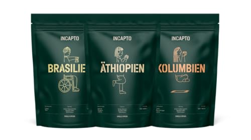 Incapto Best Sellers Set Spezialitäten-Kaffeebohnen | Herkunft - Kolumbien, Brasilien und Äthiopien | Specialty Coffee +80 Punkte SCA | 3 Pakete à 500g von Incapto