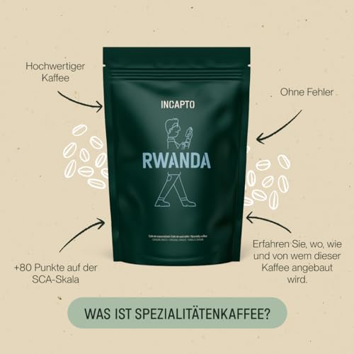 Incapto Spezialitäten-Kaffeebohnen | Single-Origin Ruanda | Espresso 100% Arabica | Specialty Coffee 86 Punkte SCA | Traditionell Geröstete Bohnenkaffee | Plantage Rubavu, Nyamyumba, 500g von Incapto