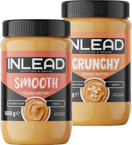 INLEAD - Peanut Butter | Cremige und Zuckerfreie Erdnussbutter ohne Palmöl | Proteinreich | Idealer Snack für Zwischendurch | Leckerer Erdnussmus - 2x 500g (MIX - Smooth + Crunchy) von Inlead