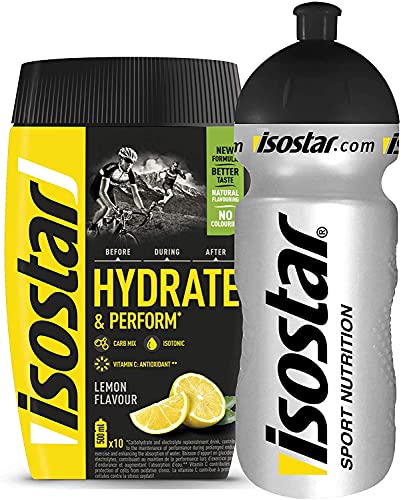 Isostar Hydrate & Perform Iso Drink – 400 g isotonisches Getränkepulver – Elektrolyt Pulver zur Unterstützung der sportlichen Leistungsfähigkeit – Zitrone + 0,5 Liter Flasche von ISOSTAD