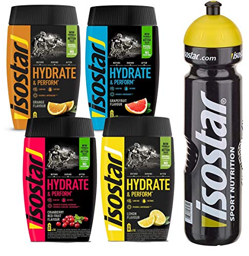 Isostar Hydrate & Perform Iso Drink – Elektrolyt Pulver – Orange + Zitrone + Cranberry + Grapefruit (4x400g)+Trinkflasche 1L von ISOSTAD