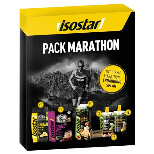 Isostar Pack Marathon - Komplettes Ernährungspaket, um die Ernährungsbedürfnisse von Marathonläufern zu erfüllen, Sortiment an Getränken, Gels und Energieriegeln, Box mit 9 Artikeln, 222777 von ISOSTAD