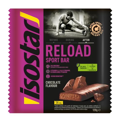 Isostar Reload Sport Riegel Schokolade - Protein-Riegel - Nach dem Sport - Gesunde Sport-Snacks - Ohne Farbstoffe - Ohne Konservierungsstoffe - 1 Packung mit 3 Riegeln (3 x 40 g) von Isostar