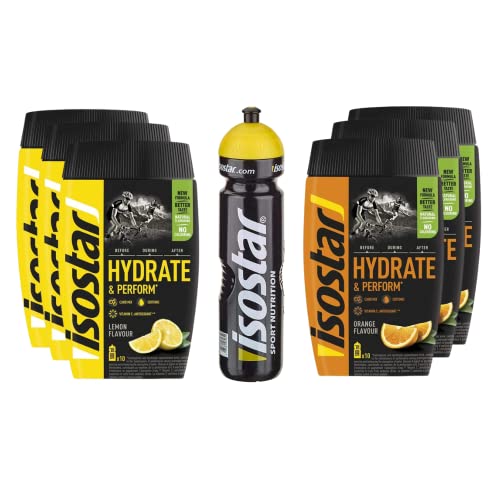 Isostar-Set - 3x400g Zitrone + 3x400g Orange + 1x1L Flasche | Hydrate & Perform Iso Drink | Isotonisches Getränkepulver | Elektrolyt Pulver zur Unterstützung der sportlichen Leistungsfähigkeit von ISOSTAD