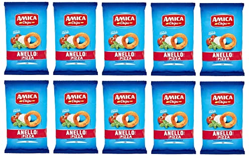 10x Amica Chips Anello Pizza Mais-Snacks mit Pizzageschmack Salziger Snack 125g Beutel von Italian Gourmet E.R.