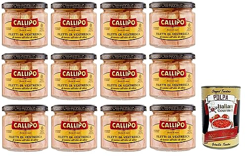 12x Callipo Filetti di Ventresca di Tonno all'olio di oliva,Ventresca-Thunfischfilets in Olivenöl,dem wertvollsten Teil des Thunfischs,Glas 200g + Italian Gourmet Polpa di Pomodoro 400g Dose von Italian Gourmet E.R.