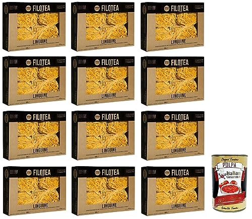 12x Filotea Linguine Pasta all'Uovo,Eierlinguine,Eiernudeln aus italienischen Rohstoffen,Packung mit 500g + Italian Gourmet Polpa di Pomodoro 400g Dose von Italian Gourmet E.R.