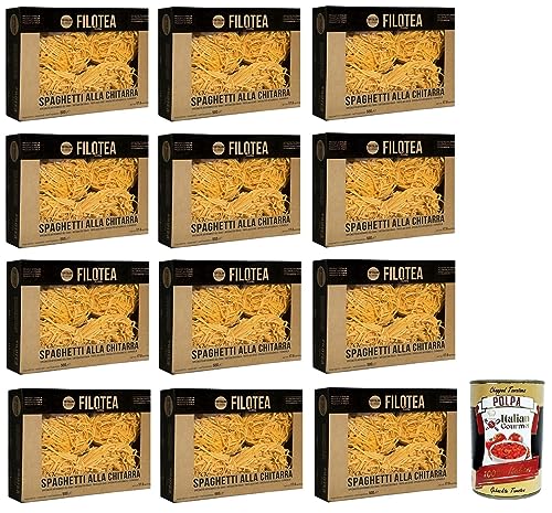 12x Filotea Spaghetti alla Chitarra Pasta all'Uovo,Eiernudeln aus italienischen Rohstoffen,Packung mit 500g + Italian Gourmet Polpa di Pomodoro 400g Dose von Italian Gourmet E.R.