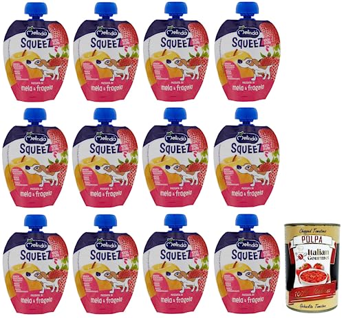 12x Melinda Mela Fragola Squeez 100% Frucht,Apfel- und Erdbeerpüree,Obst zum Auspressen,90g + Italian Gourmet Polpa di Pomodoro 400g Dose von Italian Gourmet E.R.