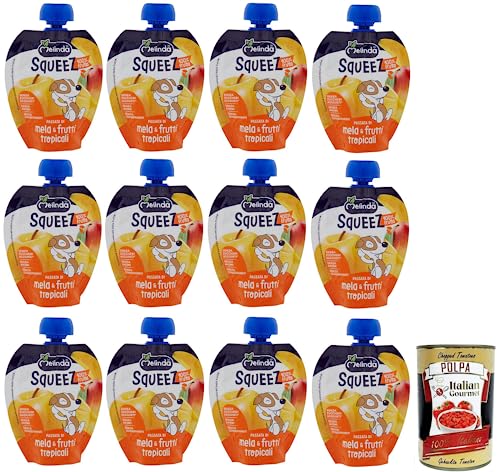 12x Melinda Mela & Frutti Tropicali Squeez 100% Frucht,Apfel- und Tropisches Fruchtpüree,Obst zum Auspressen,90g + Italian Gourmet Polpa di Pomodoro 400g Dose von Italian Gourmet E.R.