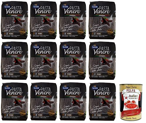 12x Riso Scotti Pasta Venere Penne Rigate,Pasta aus Hartweizengrieß und Schwarzem Venere-Vollkornreismehl,Packung mit 400g + Italian Gourmet Polpa di Pomodoro 400g Dose von Italian Gourmet E.R.