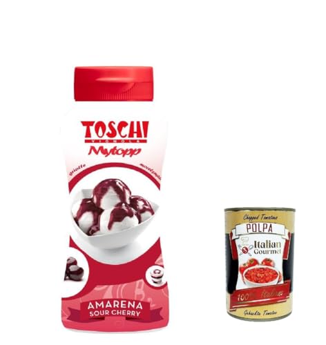 12x Toschi Topping Squeeze Amarena, Kirschen Topping Sauce für Kaffee, Cocktails, Eisbecher, Porridge, Pfannkuchen und Gebäck 200gr + Italian Gourmet polpa 400g von Italian Gourmet E.R.