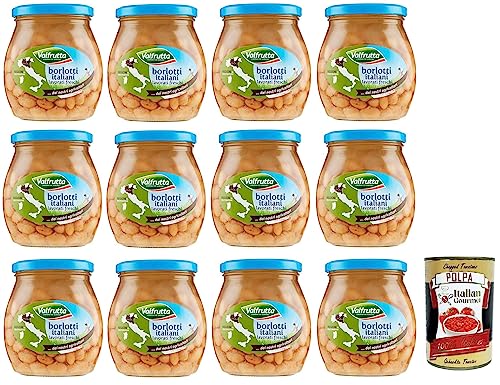 12x Valfrutta Fagioli Borlotti,Italienische Borlotti-Bohnen,Hülsenfrucht Gemüse Gekochte Bohnen,Glas 570g + Italian Gourmet Polpa di Pomodoro 400g Dose von Italian Gourmet E.R.