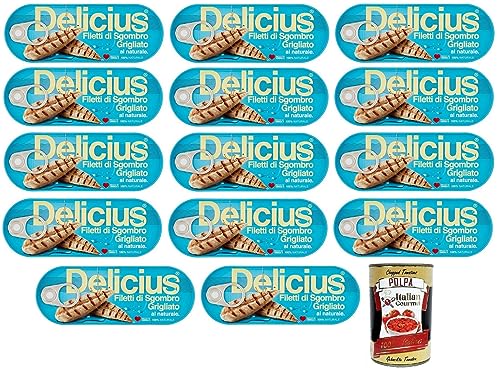 14x Delicius Filetti di Sgombro Grigliati al Naturale,Natürliche Gegrillte Makrelenfilets,reich an Omega 3,Hochwertiger Blauer Fisch,110g Dose + Italian Gourmet Polpa di Pomodoro 400g Dose von Italian Gourmet E.R.