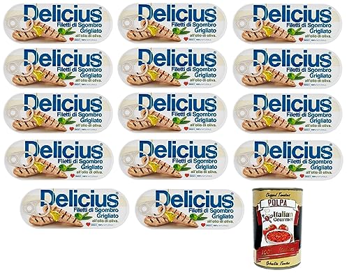 14x Delicius Filetti di Sgombro Grigliati all'Olio di Oliva,Gegrillte Makrelenfilets in Olivenöl,reich an Omega 3,Hochwertiger Blauer Fisch,110g Dose + Italian Gourmet Polpa di Pomodoro 400g Dose von Italian Gourmet E.R.