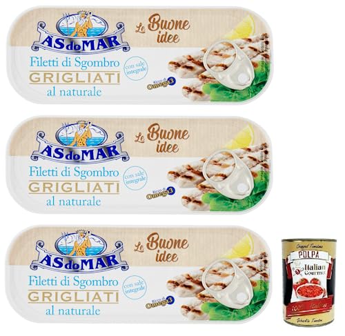 3x AS do MAR Filetti di Sgombro Grigliati al Naturale,Natürliche Gegrillte Makrelenfilets und Vollsalz,120g Dose + Italian Gourmet Polpa di Pomodoro 400g Dose von Italian Gourmet E.R.