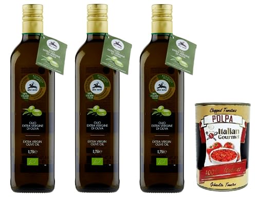 3x Alce Nero Olio 100 % Italienisch Bio-Natives Olivenöl Extra,mit italienischen Bio-Oliven,750ml Glasflasche + Italian Gourmet Polpa di Pomodoro 400g Dose von Italian Gourmet E.R.