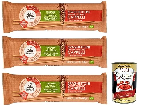 3x Alce Nero Pasta Spaghettoni,Bio-Hartweizen Nudeln,Mit Bio-Cappelli-Hartweizen,Angebaut in Italien,Packung mit 500g + Italian Gourmet Polpa di Pomodoro 400g Dose von Italian Gourmet E.R.