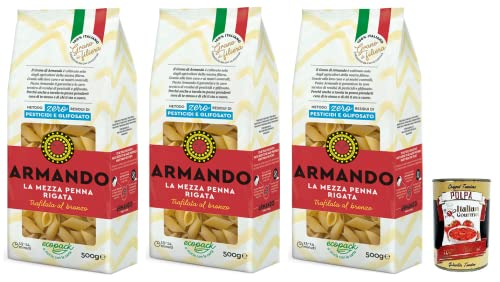 3x Armando La Mezza Penna Rigata,Bronzegezogene Nudeln,100% Italienische Pasta 500g + Italian Gourmet Polpa di Pomodoro 400g Dose von Italian Gourmet E.R.