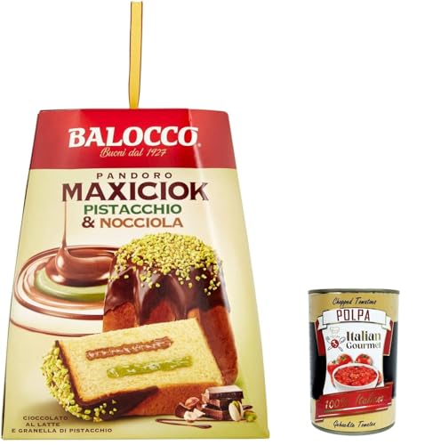 3x Balocco Pandoro Maxiciok Weihnachtssüßigkeiten gefüllt Pistaziencreme und Haselnusscreme,mit dunkler Schokolade überzogen und gehackte karamellisierte Pistazien 800g + Italian Gourmet polpa 400g von Italian Gourmet E.R.