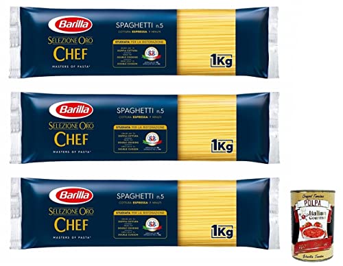 3x Barilla Selezione Oro Chef Spaghetti n.5,Hartweizengrieß Pasta,100% italienisches Getreide,Packung mit 1kg + Italian Gourmet Polpa di Pomodoro 400g Dose von Italian Gourmet E.R.