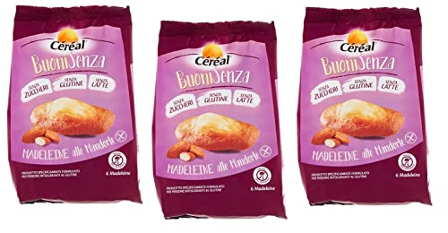 3x Céréal BuoniSenza Madeleine alle Mandorle Mandel Madeleines Ideal zum Frühstück Süßer Snack mit Mandelgeschmack glutenfrei, milchfrei und zuckerfrei 180g Packung von Italian Gourmet E.R.