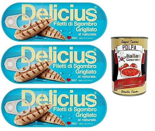 3x Delicius Filetti di Sgombro Grigliati al Naturale,Natürliche Gegrillte Makrelenfilets,reich an Omega 3,Hochwertiger Blauer Fisch,110g Dose + Italian Gourmet Polpa di Pomodoro 400g Dose von Italian Gourmet E.R.