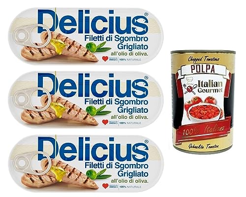 3x Delicius Filetti di Sgombro Grigliati all'Olio di Oliva,Gegrillte Makrelenfilets in Olivenöl,reich an Omega 3,Hochwertiger Blauer Fisch,110g Dose + Italian Gourmet Polpa di Pomodoro 400g Dose von Italian Gourmet E.R.