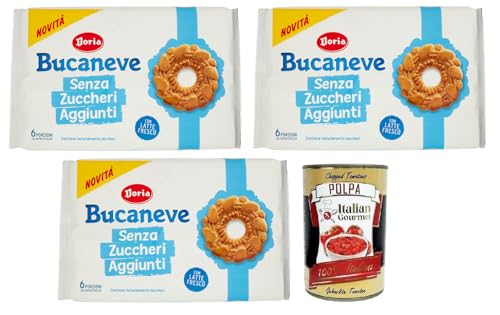 3x Doria Bucaneve Senza Zuccheri Aggiunti,Ohne Zuckerzusatz,Mürbeteigkekse Kekse mit frischer Milch,263g Packung, jede Packung enthält 6 Einzelportionen + Italian Gourmet Polpa di Pomodoro 400g Dose von Italian Gourmet E.R.