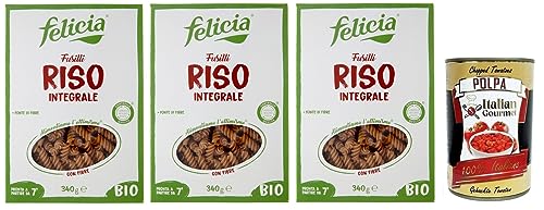 3x Felicia Fusilli di Riso Integrale,Pasta mit 100 % braunem Reis aus der italienischen Lieferkette,Bio und Natürlich Glutenfrei,Packung mit 340g + Italian Gourmet Polpa di Pomodoro 400g Dose von Italian Gourmet E.R.