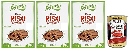 3x Felicia Penne di Riso Integrale,Pasta mit 100 % braunem Reis aus der italienischen Lieferkette,Bio und Natürlich Glutenfrei,Packung mit 340g + Italian Gourmet Polpa di Pomodoro 400g Dose von Italian Gourmet E.R.