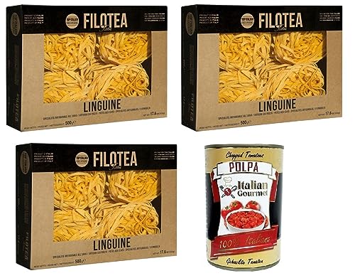 3x Filotea Linguine Pasta all'Uovo,Eierlinguine,Eiernudeln aus italienischen Rohstoffen,Packung mit 500g + Italian Gourmet Polpa di Pomodoro 400g Dose von Italian Gourmet E.R.