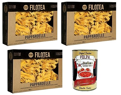 3x Filotea Pappardelle Pasta all'Uovo,Eiernudeln aus italienischen Rohstoffen,Packung mit 500g + Italian Gourmet Polpa di Pomodoro 400g Dose von Italian Gourmet E.R.