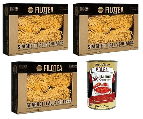 3x Filotea Spaghetti alla Chitarra Pasta all'Uovo,Eiernudeln aus italienischen Rohstoffen,Packung mit 500g + Italian Gourmet Polpa di Pomodoro 400g Dose von Italian Gourmet E.R.