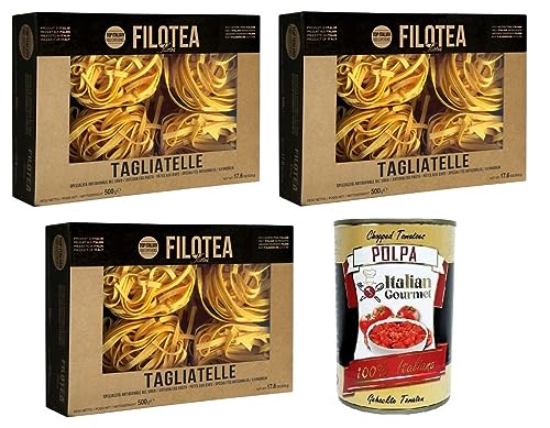 3x Filotea Tagliatelle Pasta all'Uovo,Eiernudeln aus italienischen Rohstoffen,Packung mit 500g + Italian Gourmet Polpa di Pomodoro 400g Dose von Italian Gourmet E.R.