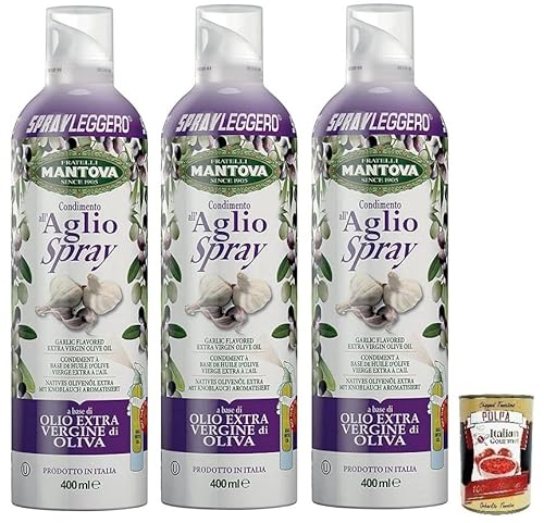 3x Fratelli Mantova Condimento all'Aglio,Spray Nativem Olivenöl Extra Knoblauch aromatisiert,Italienisches Sprühöl 400ml + Italian Gourmet Polpa di Pomodoro 400g Dose von Italian Gourmet E.R.