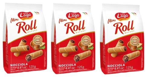 3x Gastone Lago Mini Roll Nocciola Waffelröllchen Waffelpad Wafer gefüllt mit Haselnusscreme 125g von Italian Gourmet E.R.