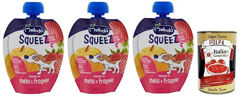 3x Melinda Mela Fragola Squeez 100% Frucht,Apfel- und Erdbeerpüree,Obst zum Auspressen,90g + Italian Gourmet Polpa di Pomodoro 400g Dose von Italian Gourmet E.R.