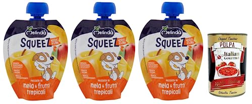 3x Melinda Mela & Frutti Tropicali Squeez 100% Frucht,Apfel- und Tropisches Fruchtpüree,Obst zum Auspressen,90g + Italian Gourmet Polpa di Pomodoro 400g Dose von Italian Gourmet E.R.