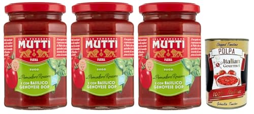 3x Mutti Sugo con Basilico,Sauce mit Rossoro-Tomate und Genuesischem Basilikum DOP,Italienische Tomatensauce 280g + Italian Gourmet Polpa di Pomodoro 400g Dose von Italian Gourmet E.R.