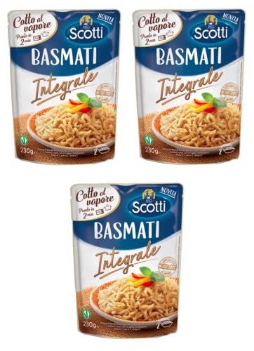 3x Riso Scotti Basmati Integrale Gedämpfter Fertigreis Vollkorn-Basmati Reis in 2 Minuten Fertig 230g Beutel von Italian Gourmet E.R.