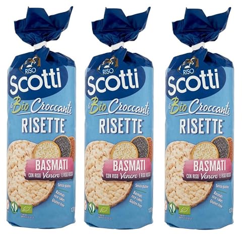 3x Riso Scotti Le Bio Croccanti Risette Basmati Knusprige, Glutenfreie Bio-Reiskuchen 120g Basmati mit Venere-Reis und Rotem Reis Reiswaffeln von Italian Gourmet E.R.